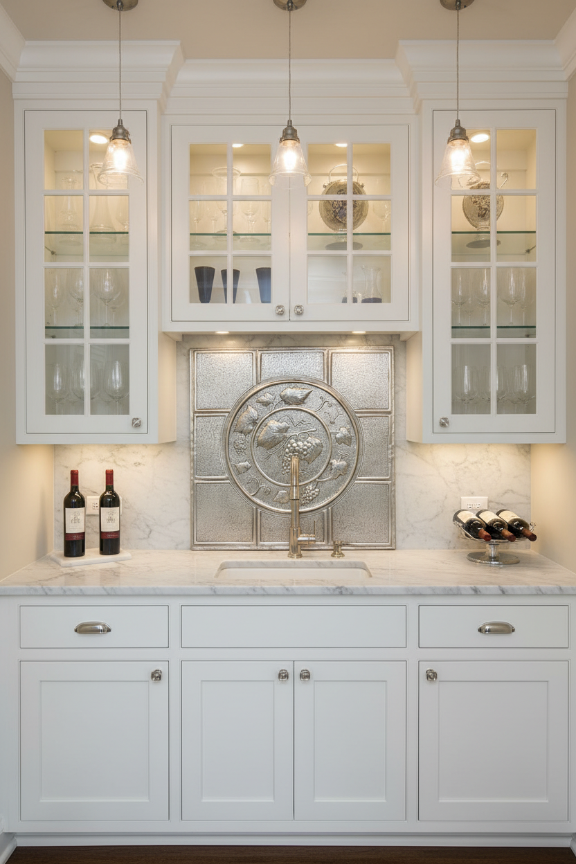 36x30 inch Grapevine Medallion in silver finish in elegant butler's pantry