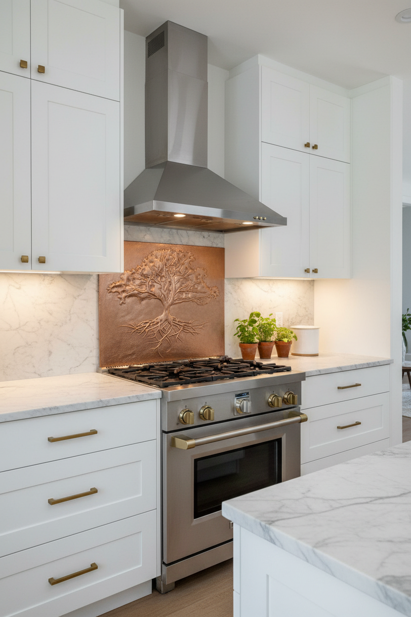 36x30 inch Rooted Canopy tree panel as stove backsplash in contemporary kitchen