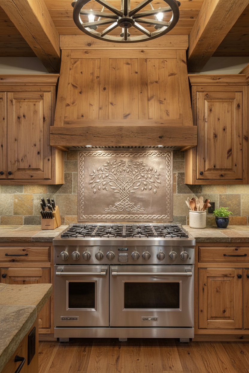 36x36 inch Celtic Knotwood Tree copper panel in rustic lodge kitchen