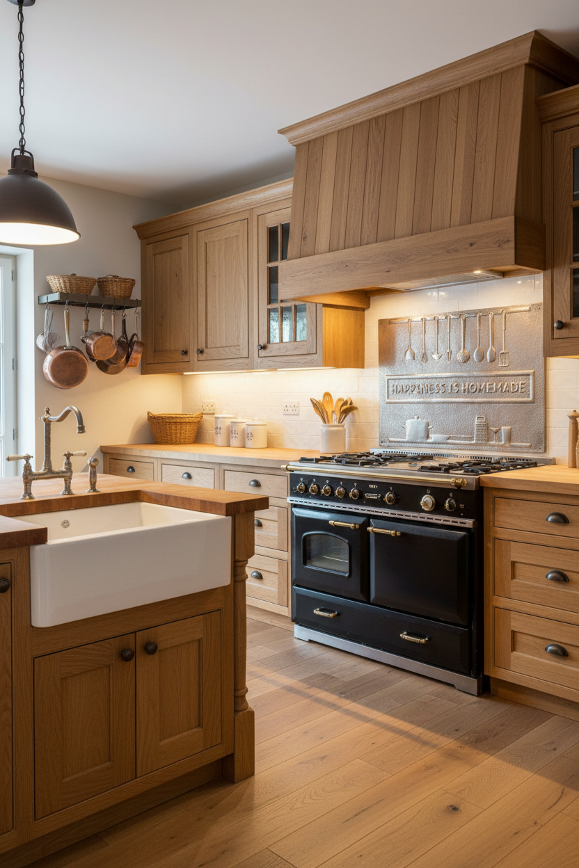 36x42 inch Happiness Is Homemade copper backsplash in cozy farmhouse kitchen