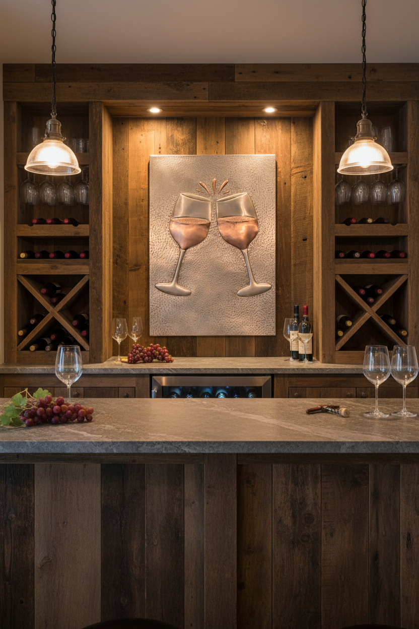 36x48 inch Cheers Wine Glass copper panel in rustic home bar