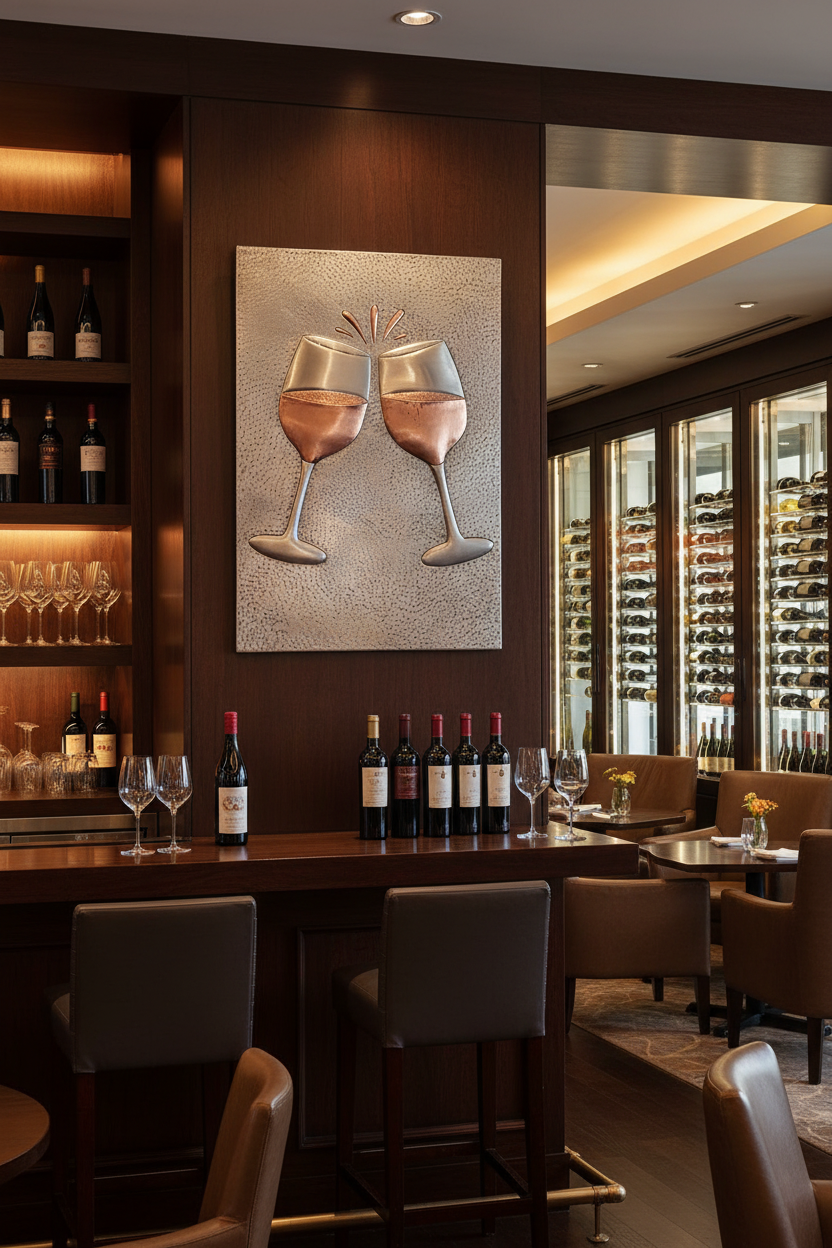 36x48 inch Cheers Wine Glass copper panel in upscale restaurant lounge bar