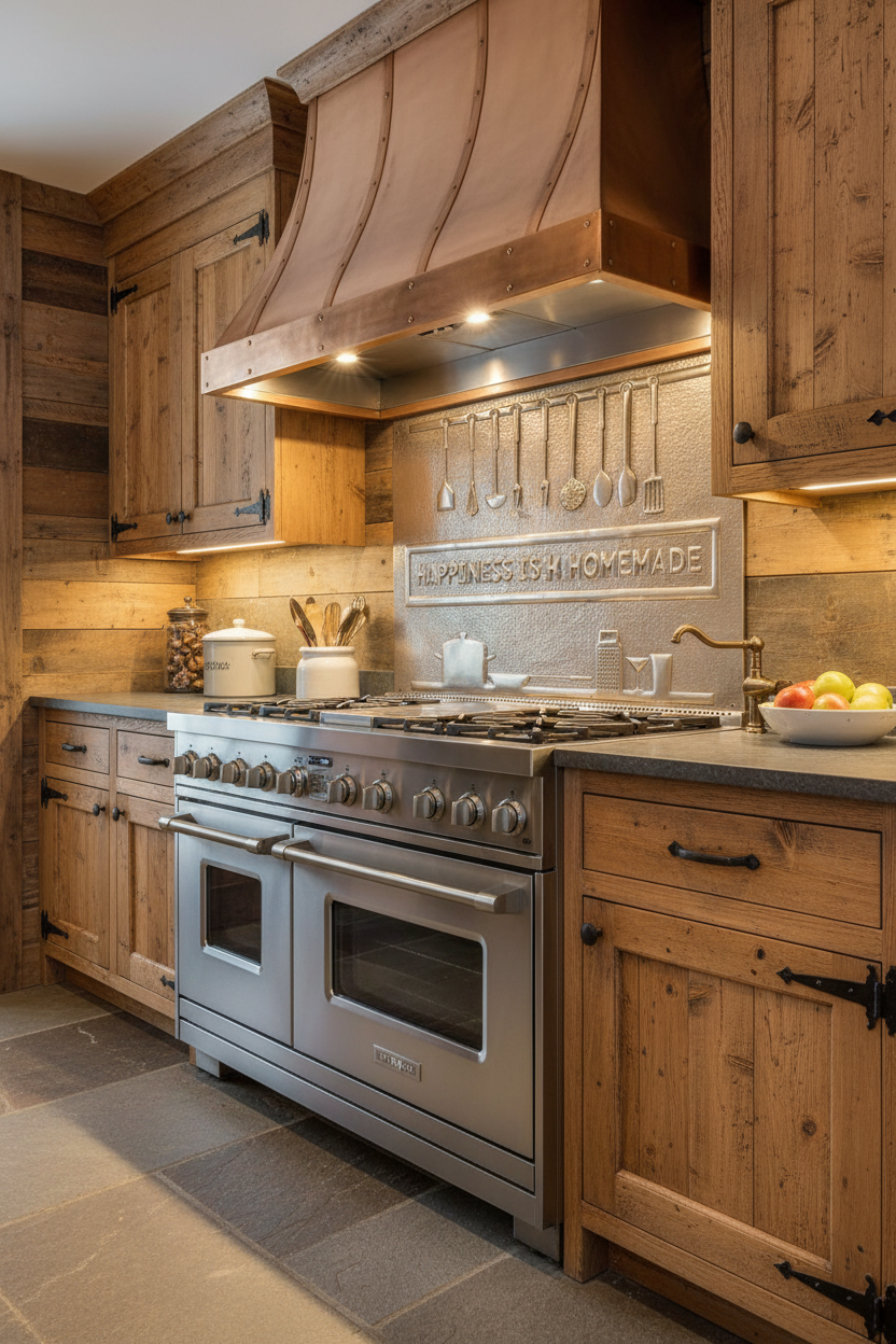 36x48 inch Happiness Is Homemade copper backsplash in rustic kitchen