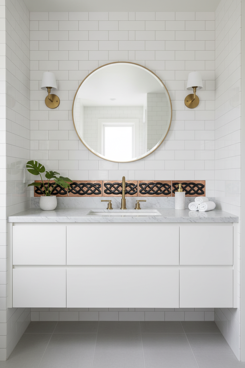 3x6 inch rectangular copper border tiles with branch pattern in bathroom