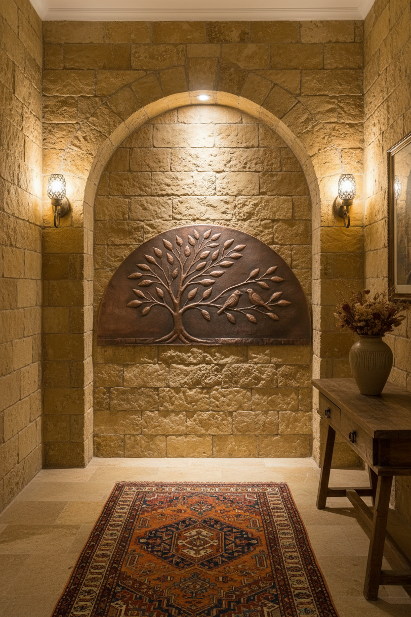 42 inch arched Tree of Life copper panel in arched wall niche