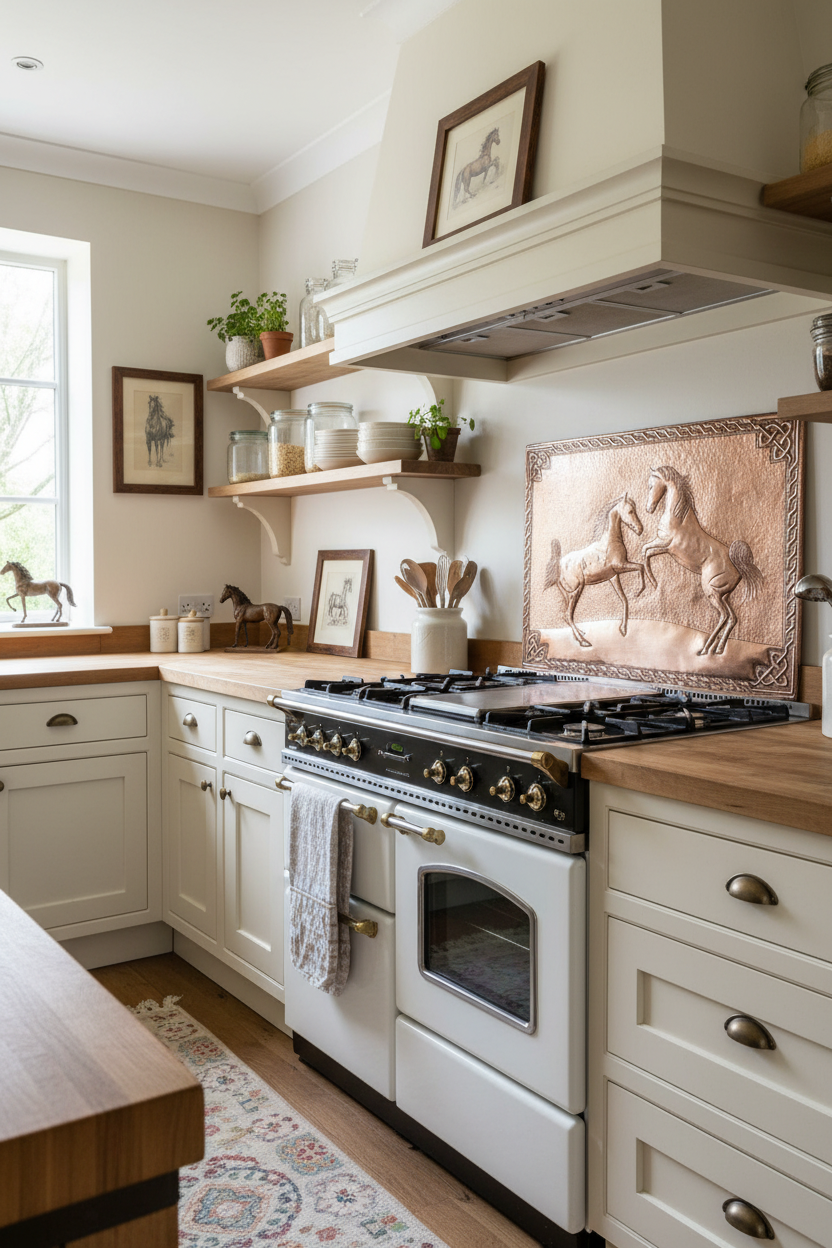 42 inch Wild Horses copper backsplash with aged patina in country kitchen