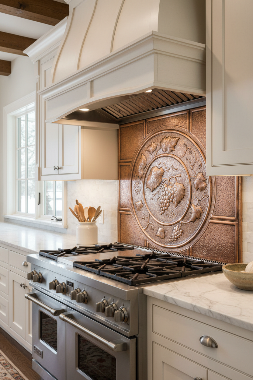 42x30 inch Grapevine Medallion copper backsplash in European traditional kitchen