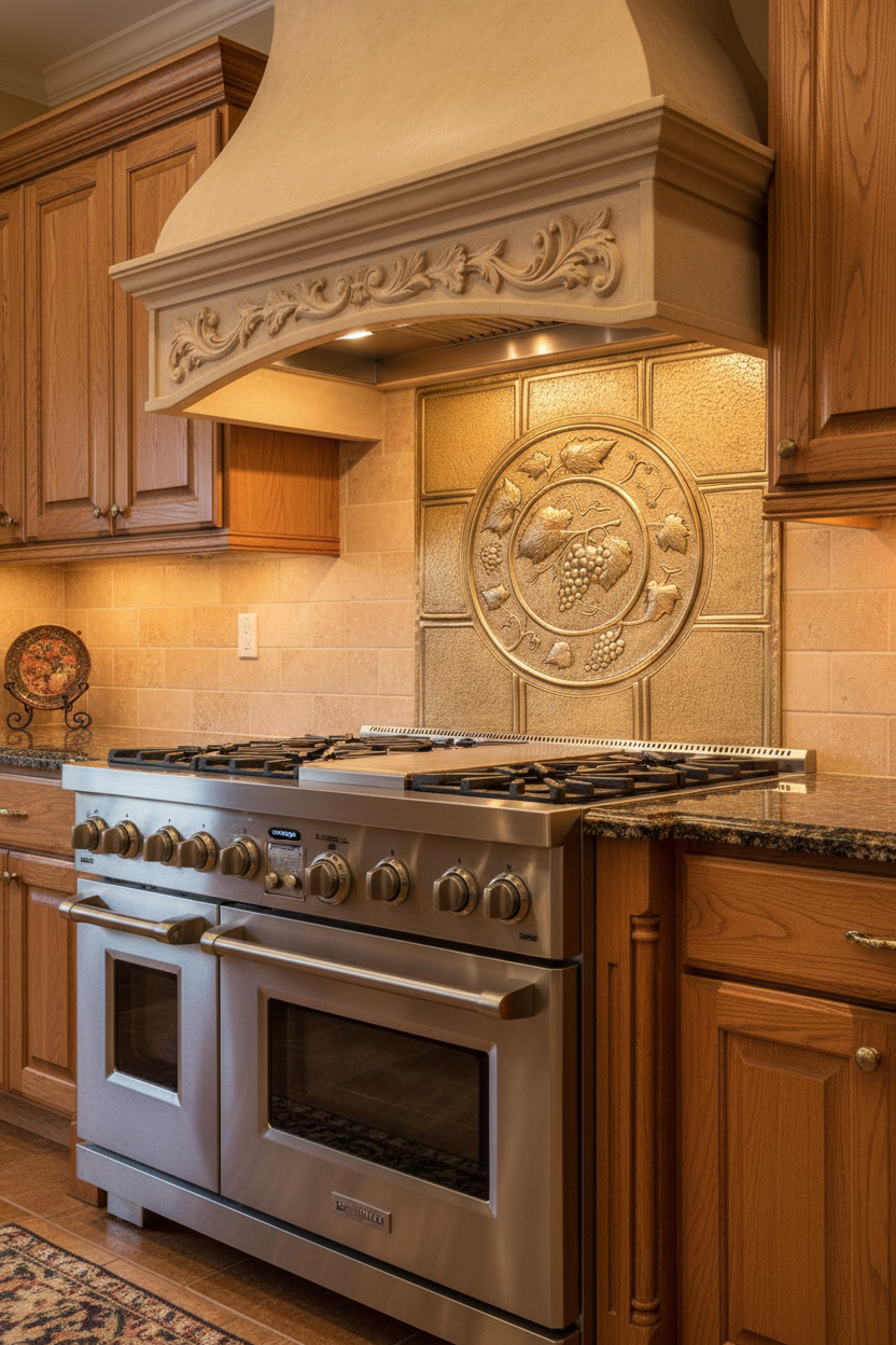 42x30 inch Grapevine Medallion in brass gold tone finish in European traditional kitchen