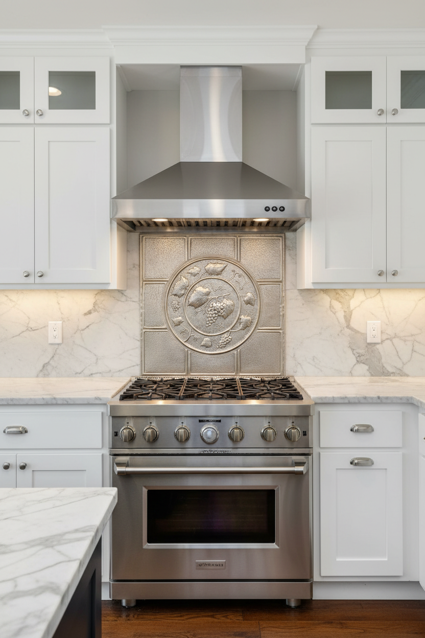 42x30 inch Grapevine Medallion in silver finish in contemporary kitchen