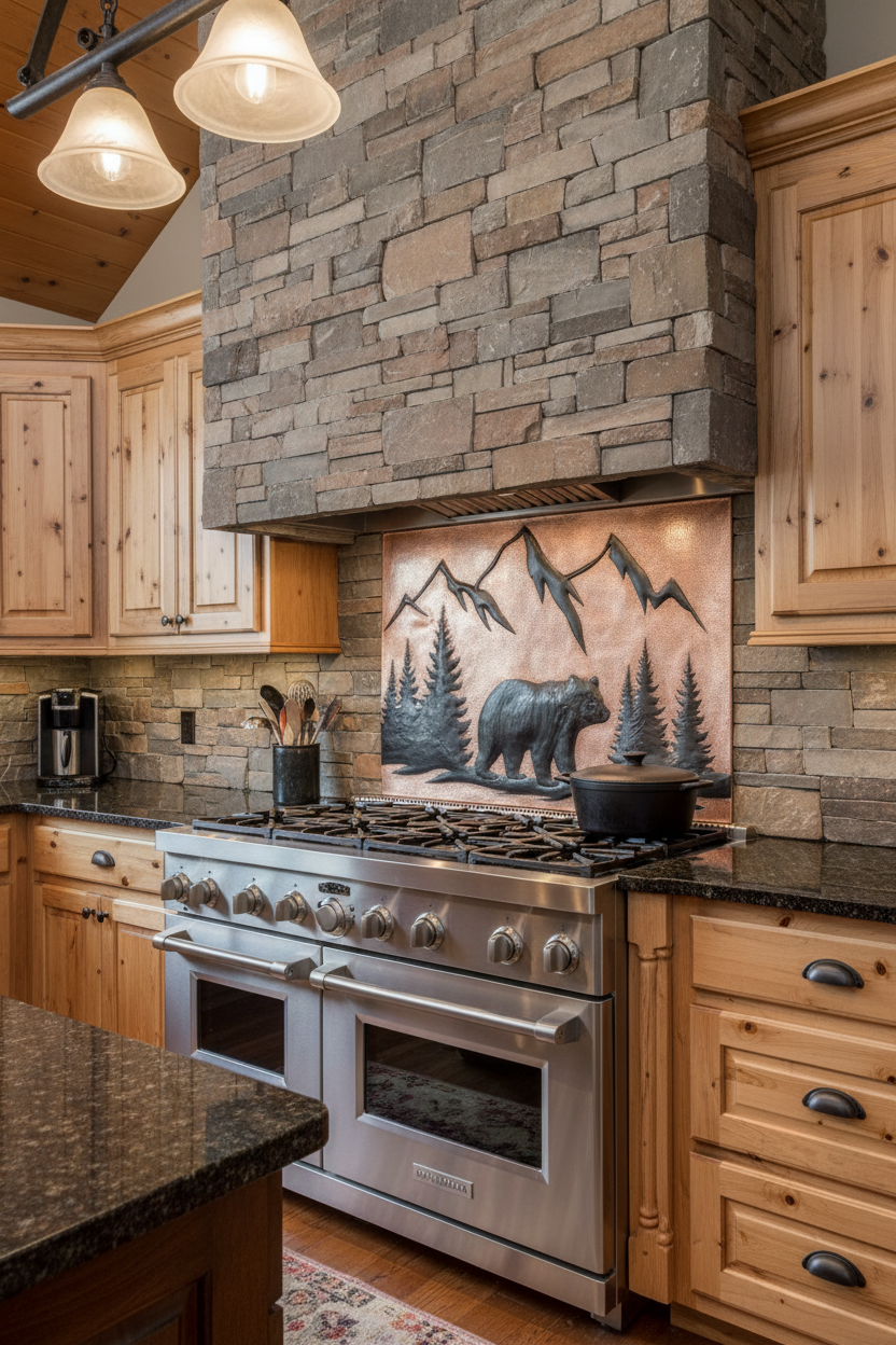 42x30 inch Mountain Bear copper backsplash in mountain cabin kitchen