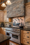 42x30 inch Mountain Bear copper backsplash in mountain cabin kitchen