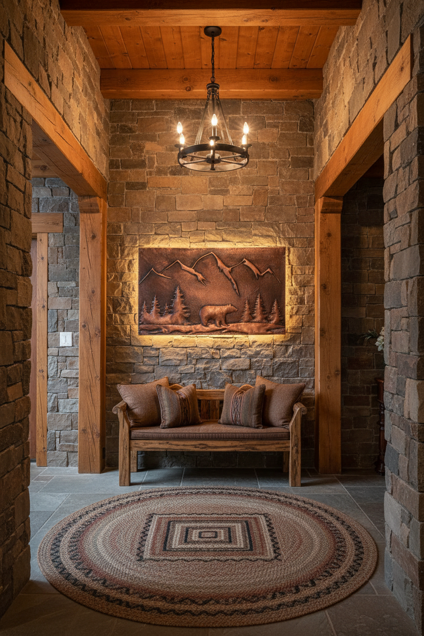 42x36 inch Mountain Bear in brown patina in western lodge entry