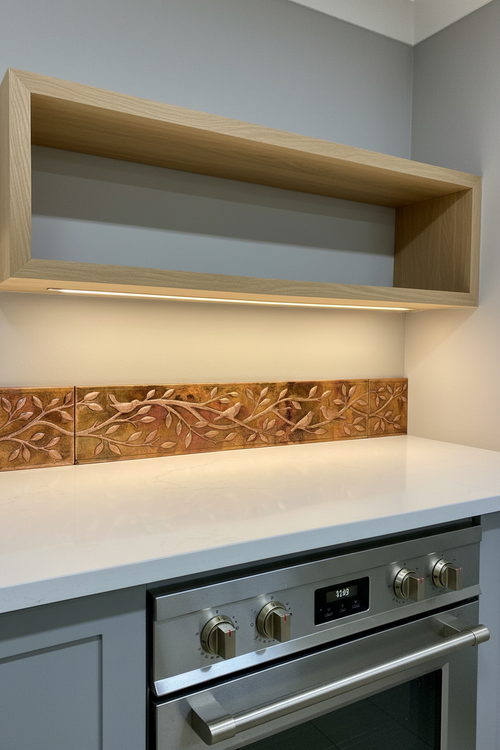 42x6 inch Birds on Branch copper border trim under open shelves