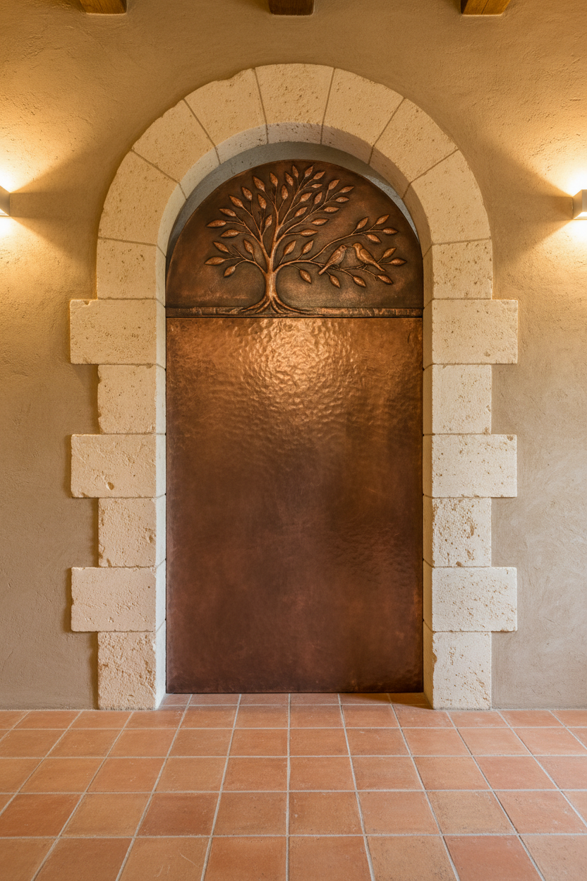48 inch arched Tree of Life copper panel above interior arched doorway in Tuscan villa