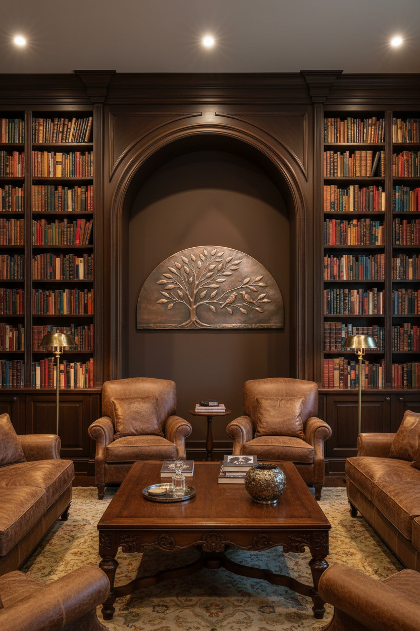 48 inch arched Tree of Life copper panel in luxury library arched alcove