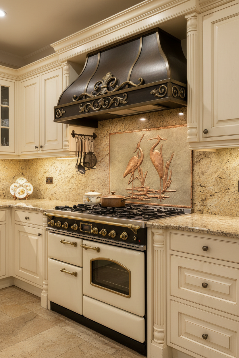 48 inch heron copper backsplash panel in traditional kitchen with cream cabinets