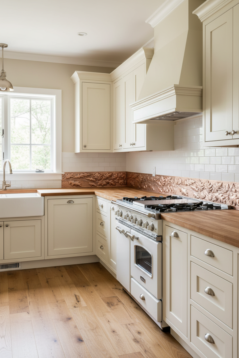 48 inch Oak & Acorn copper border trim as accent band between cabinets and countertop