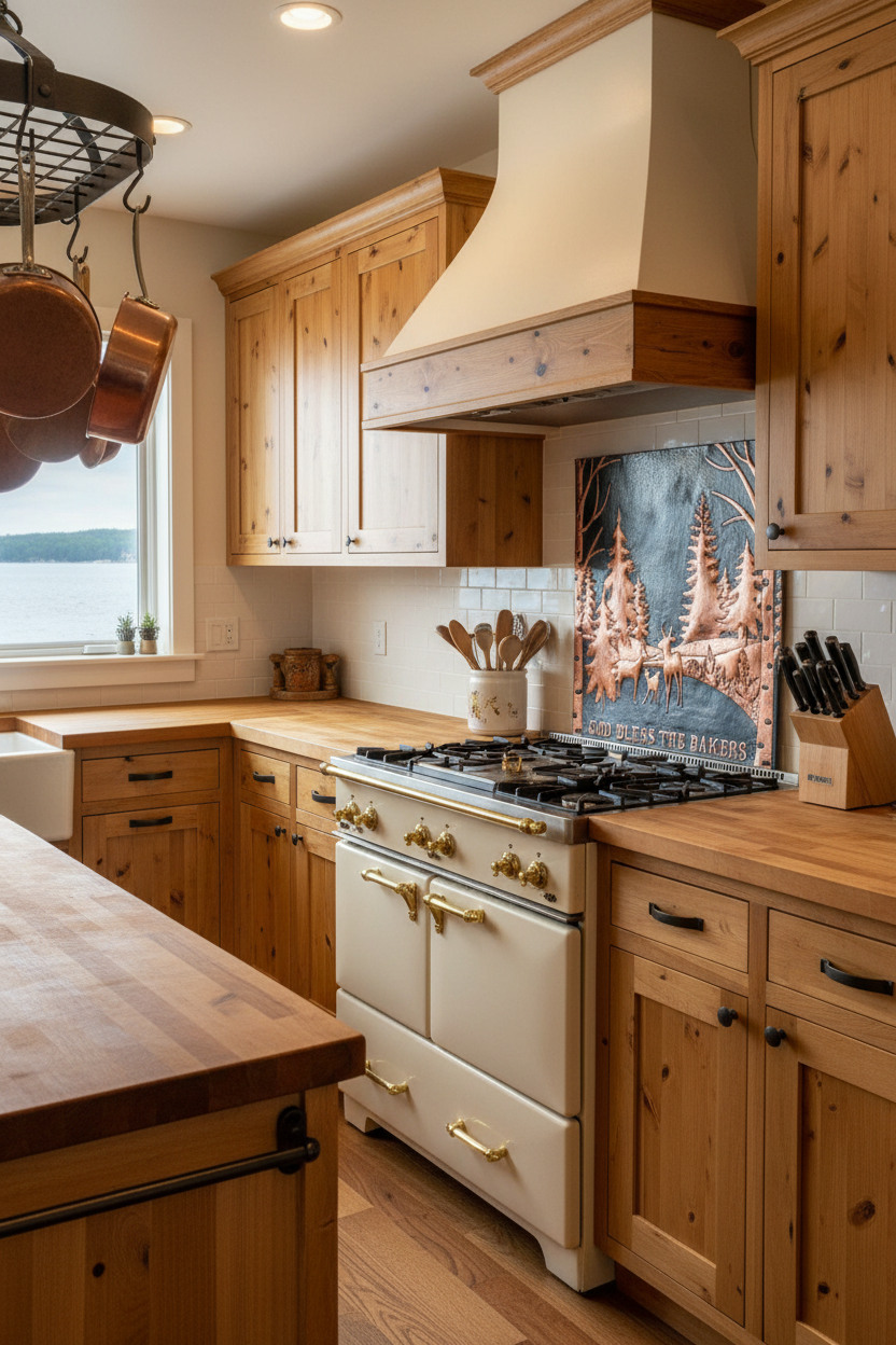 48 inch woodland deer copper backsplash panel in black patina with copper highlights in lakehouse kitchen