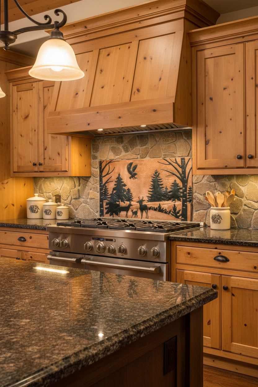 48x30 inch Forest Wildlife copper backsplash in mountain cabin kitchen