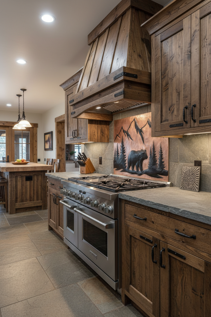 48x30 inch Mountain Bear copper backsplash in rustic lodge kitchen