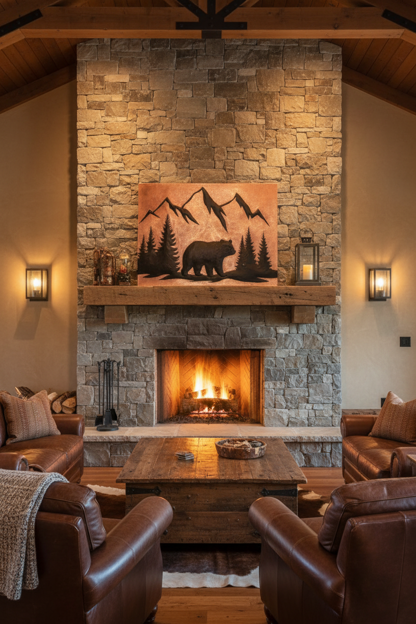 48x36 inch Mountain Bear copper backsplash above rustic ranch fireplace