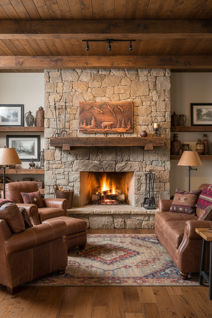 48x36 inch Mountain Bear in brown patina above rustic ranch fireplace