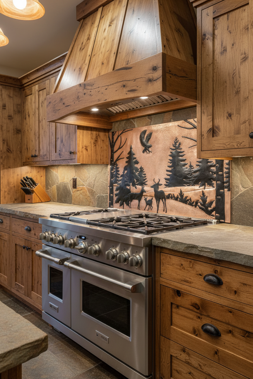 54x30 inch Forest Wildlife copper backsplash in rustic lodge kitchen