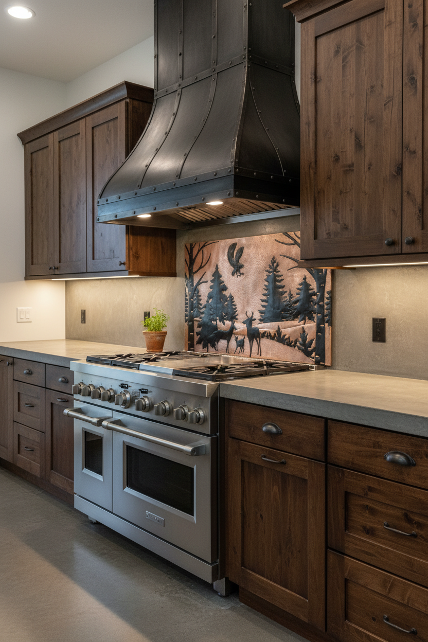 54x30 inch Forest Wildlife copper backsplash in rustic modern kitchen