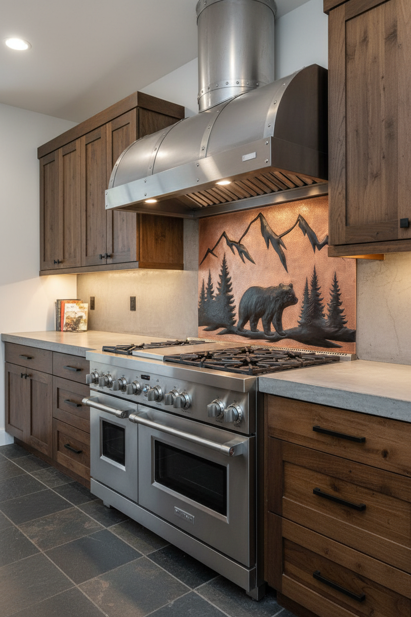 54x30 inch Mountain Bear copper backsplash in rustic modern kitchen