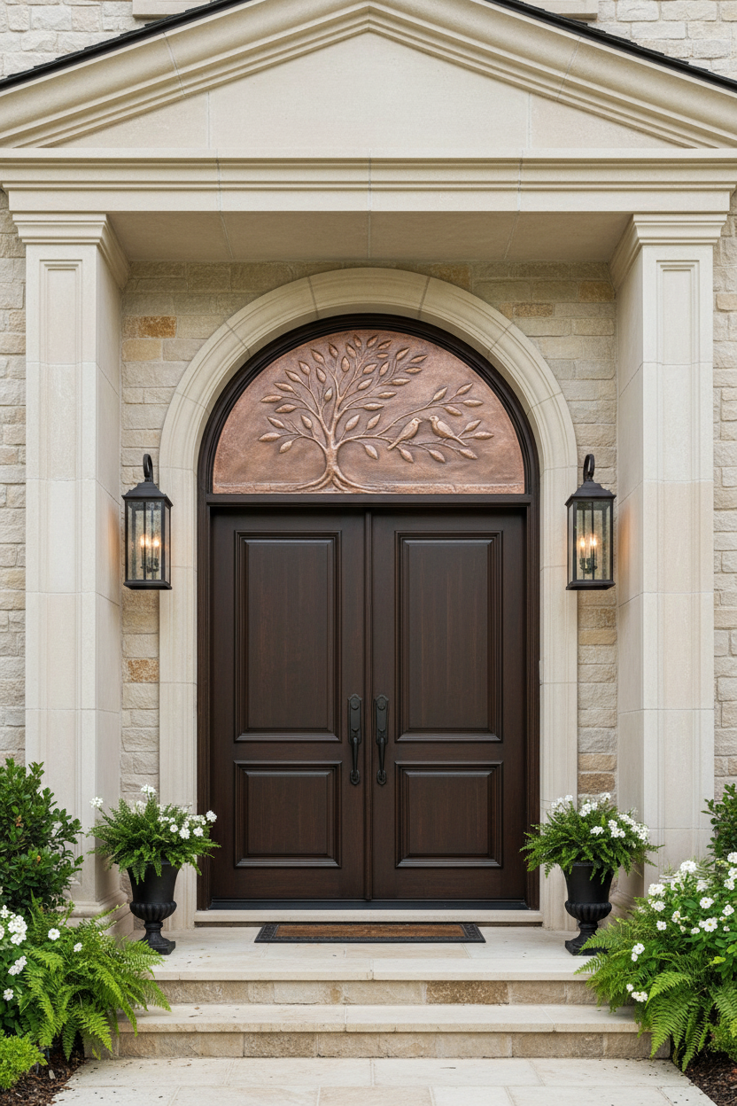 60 inch arched Tree of Life copper panel as door transom above front entrance