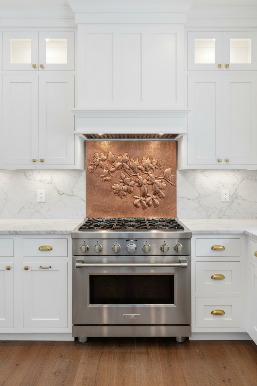 60 inch dogwood blossom copper backsplash panel in modern traditional white kitchen