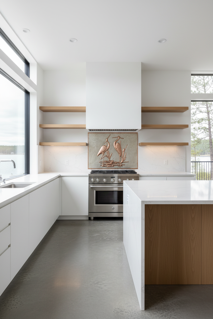 60 inch heron pair copper backsplash panel in contemporary lakehouse kitchen