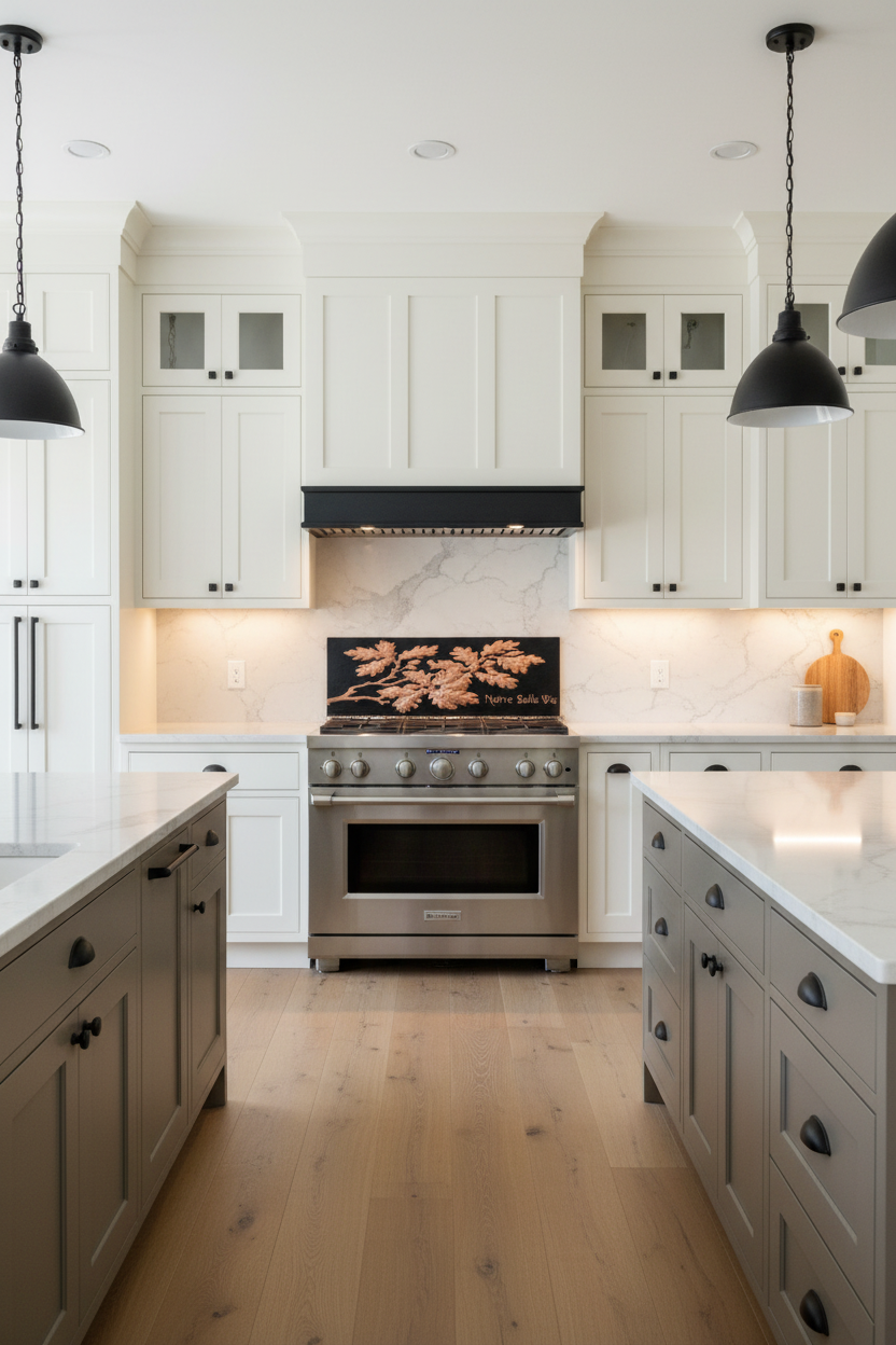 60 inch oak leaves copper backsplash panel in black and copper finish in contemporary traditional kitchen