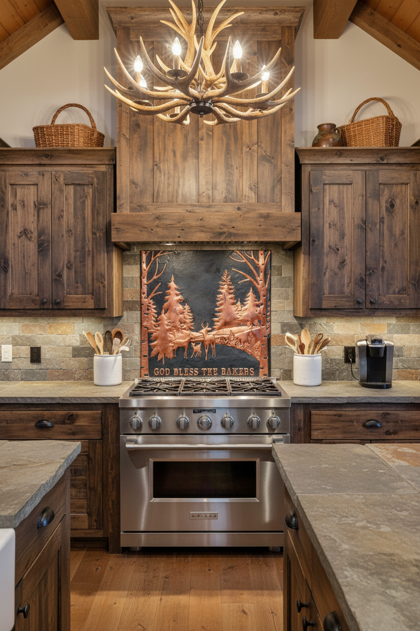60 inch woodland deer copper backsplash panel in black patina with copper in luxury cabin kitchen