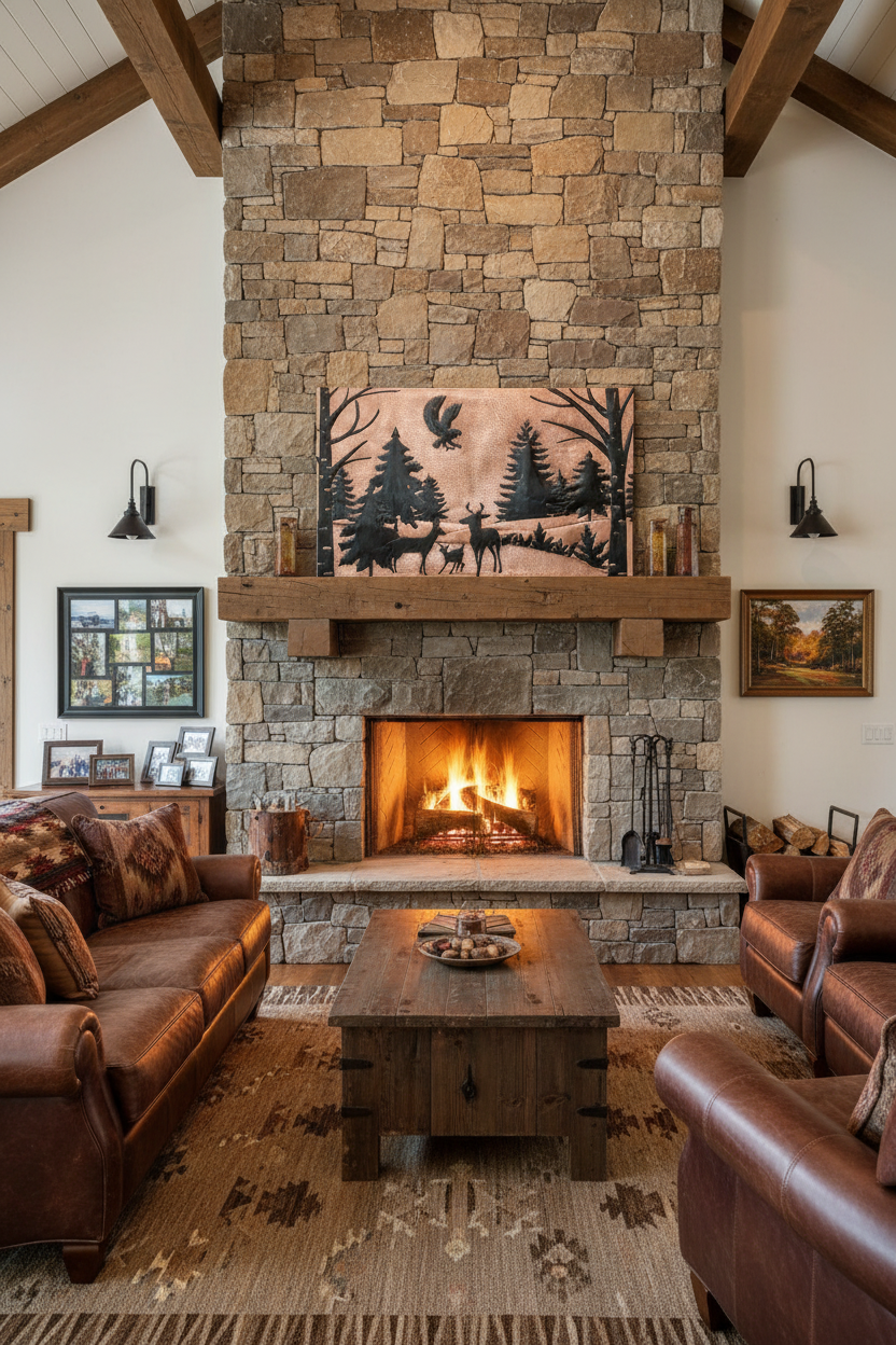 60x36 inch Forest Wildlife copper backsplash above rustic ranch fireplace