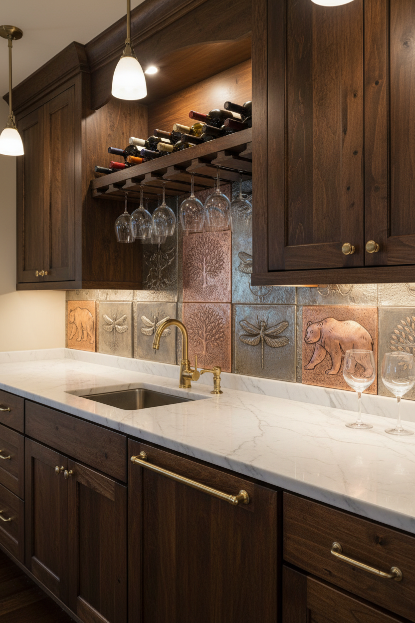 6x6 inch copper tiles with custom designs as bar backsplash details