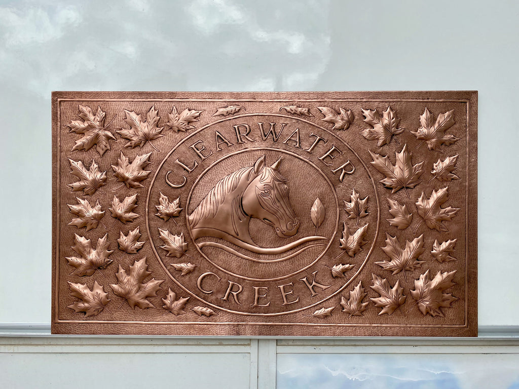 Custom Horse Crest Copper Stove Backsplash Panel