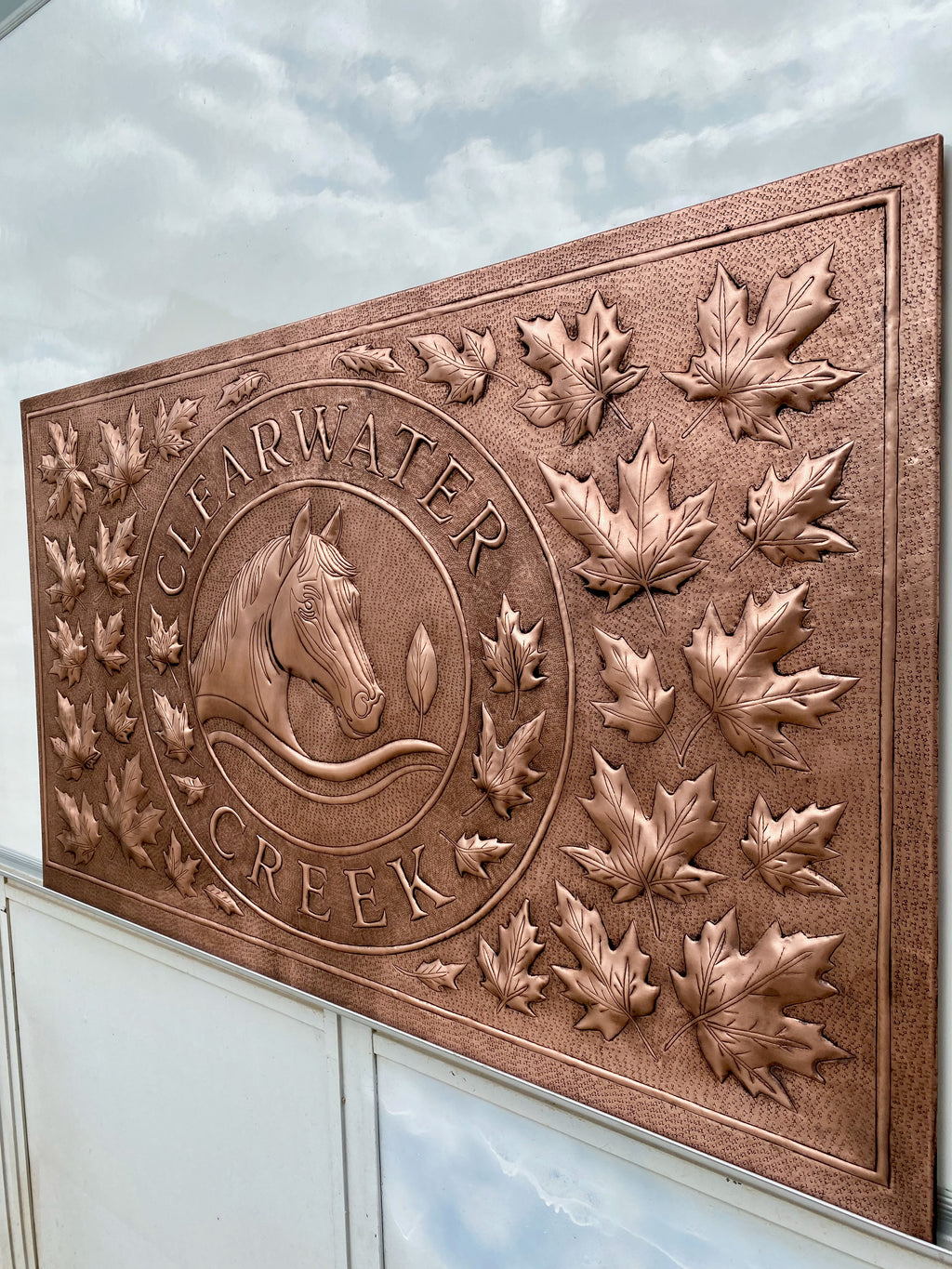Custom Horse Crest Copper Stove Backsplash Panel
