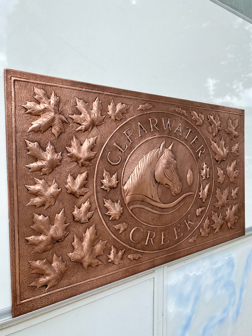 Custom Horse Crest Copper Stove Backsplash Panel