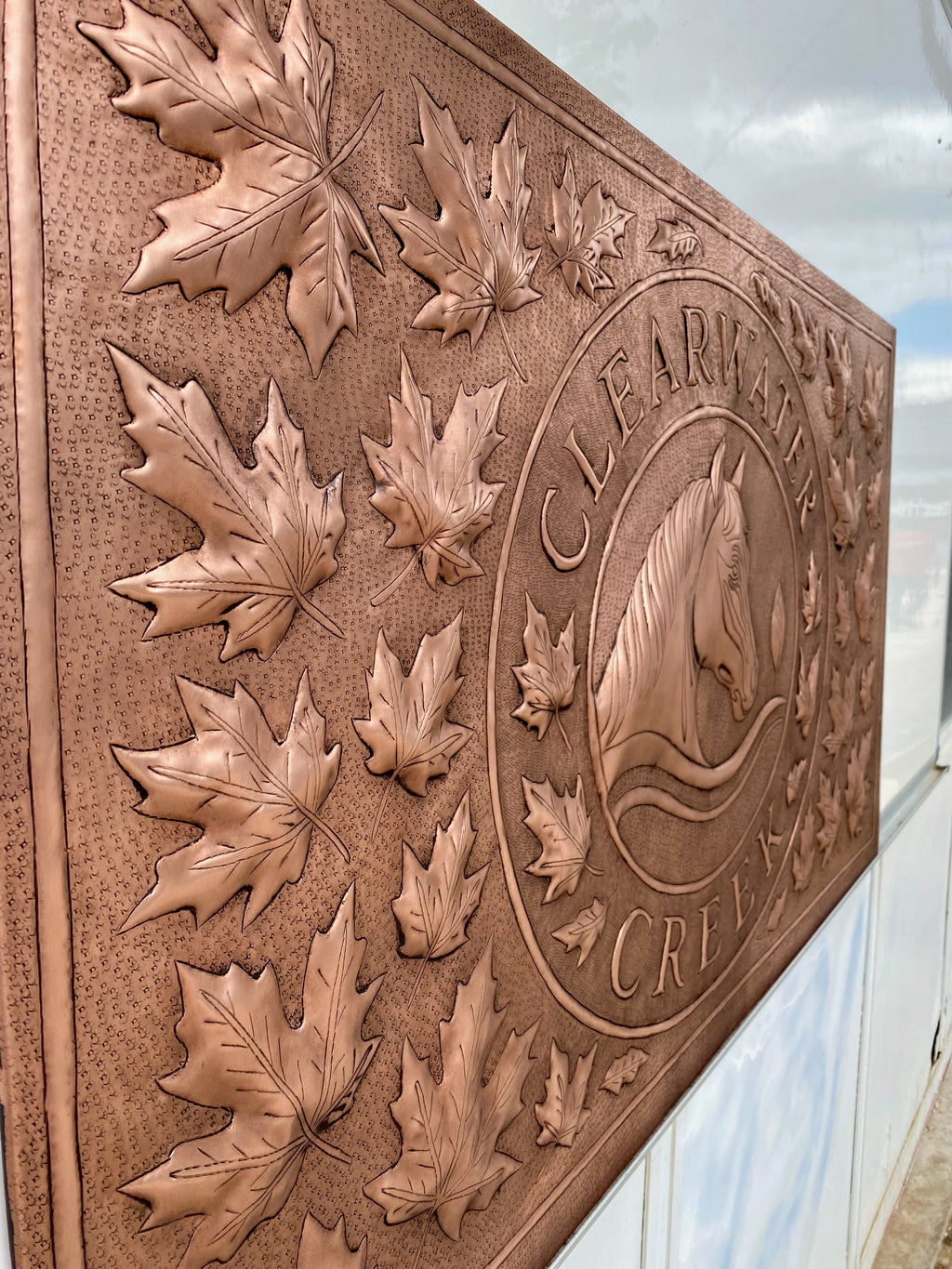 Custom Horse Crest Copper Stove Backsplash Panel