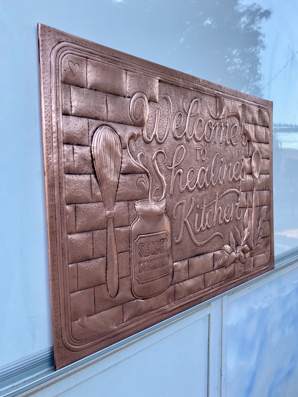 Custom Welcome Kitchen Sign Copper Backsplash Panel