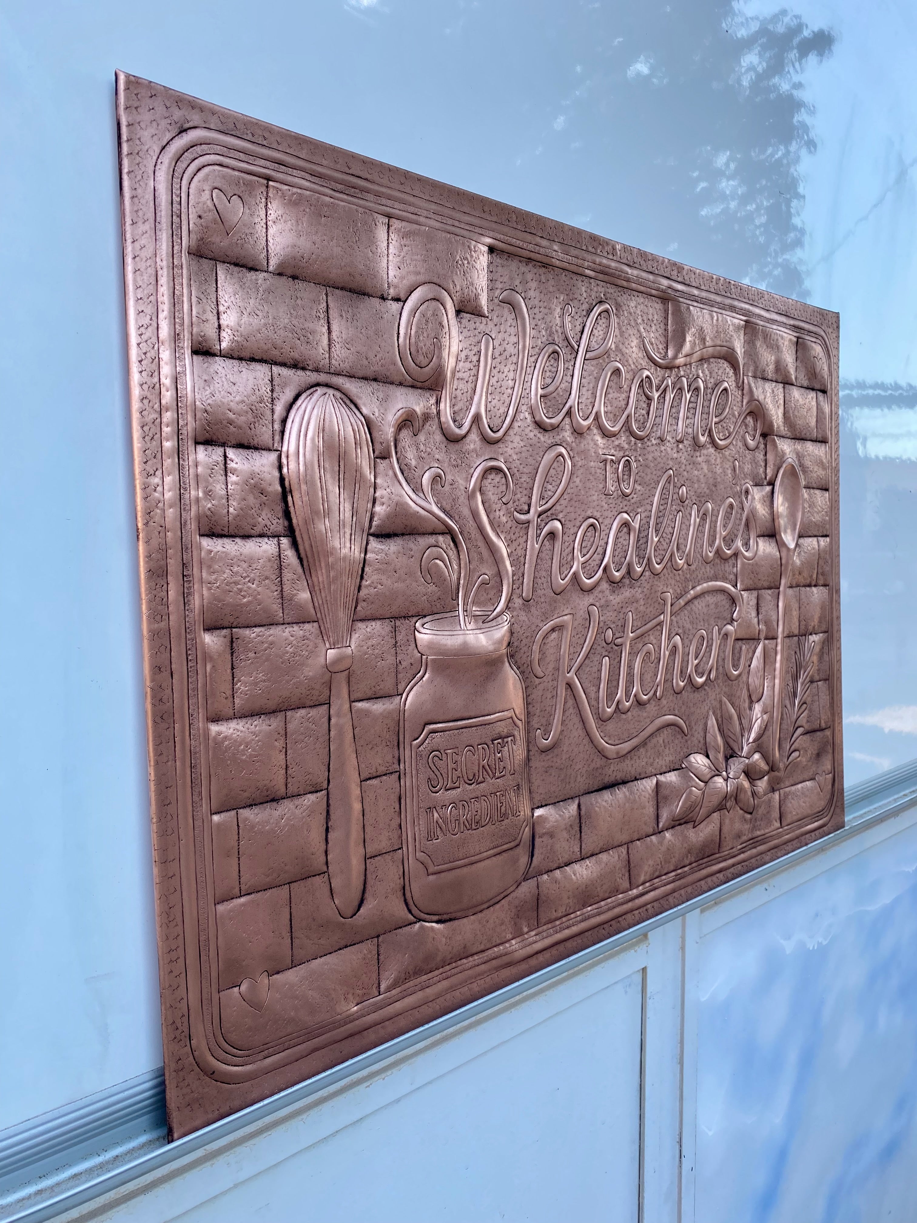 Custom Welcome Kitchen Sign Copper Backsplash Panel