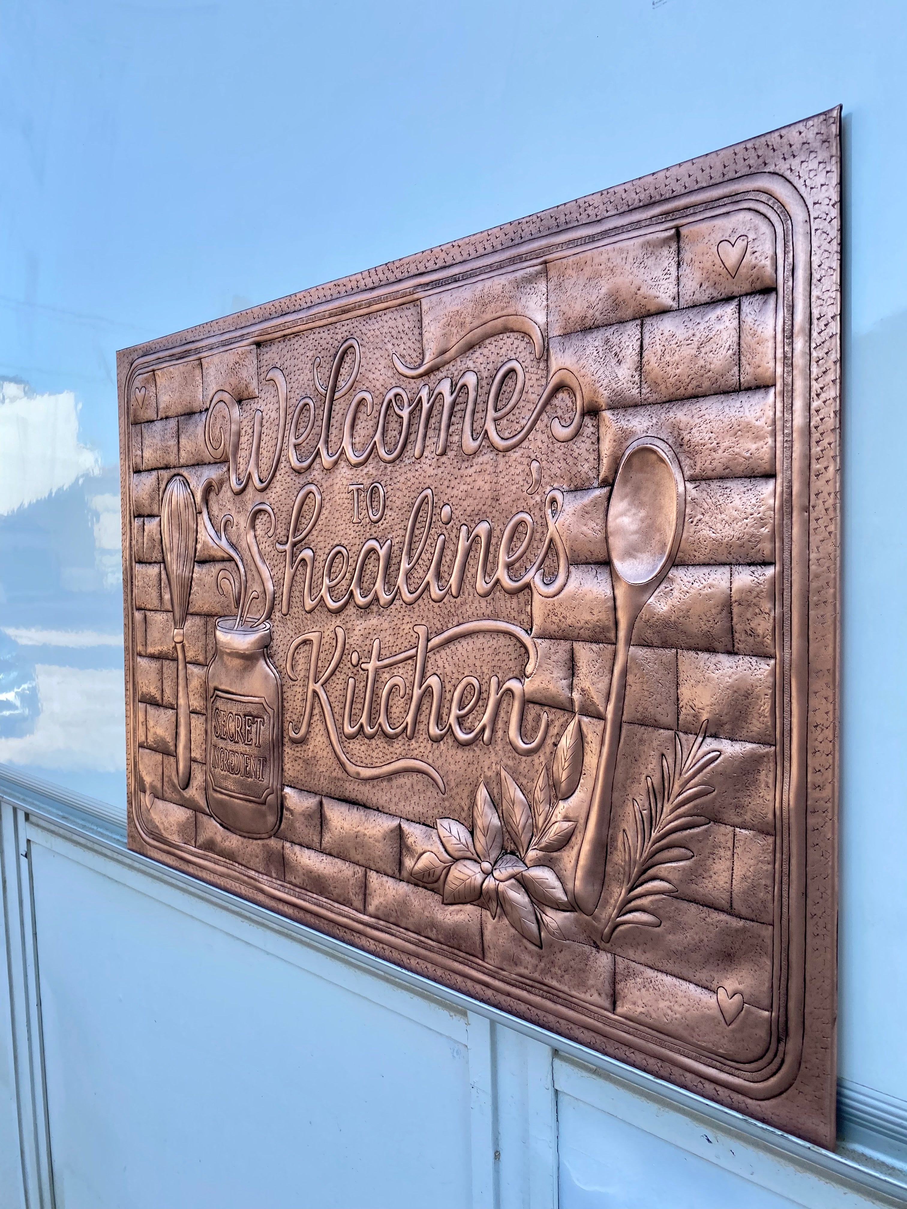 Custom Welcome Kitchen Sign Copper Backsplash Panel