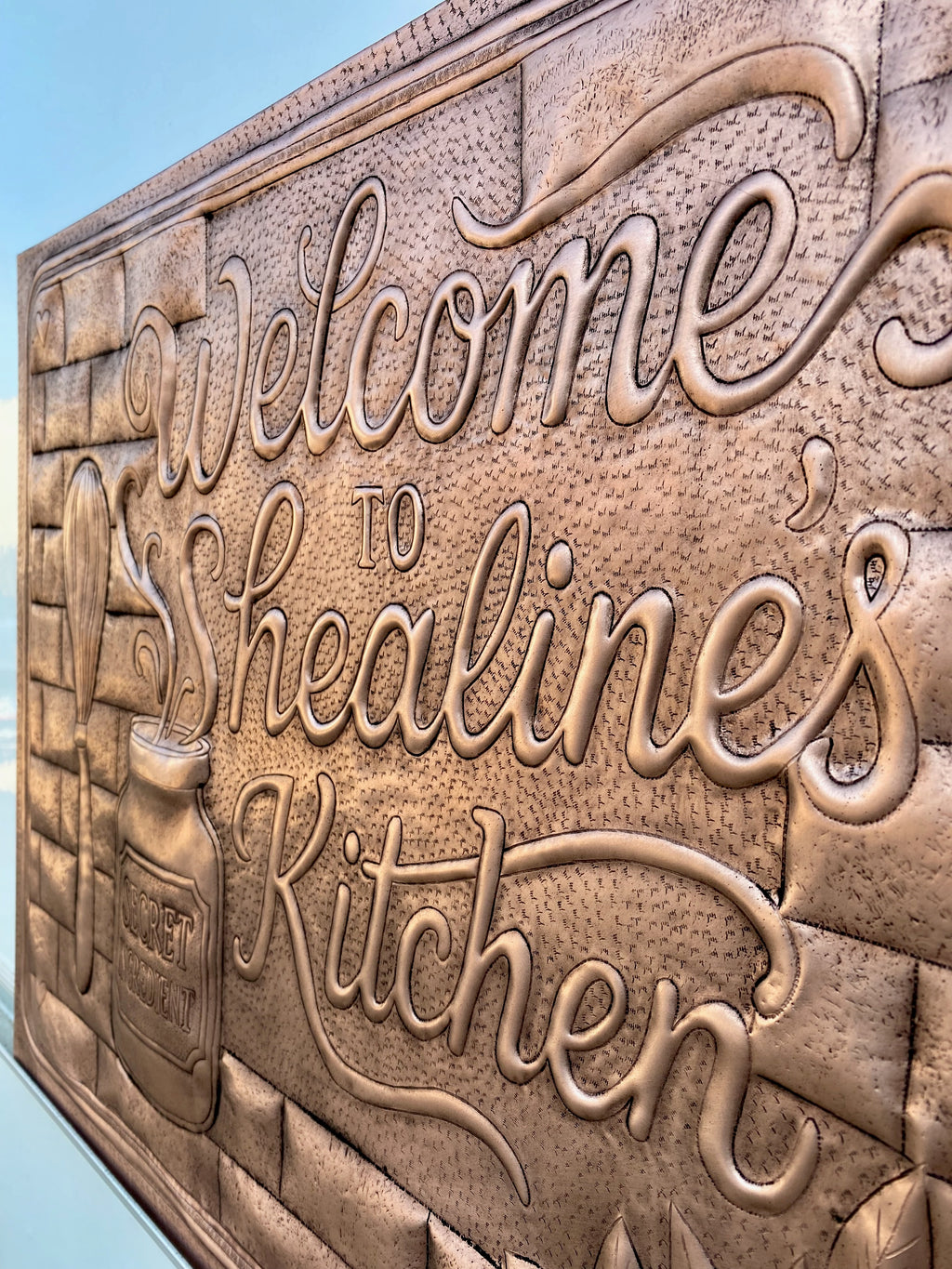 Custom Welcome Kitchen Sign Copper Backsplash Panel