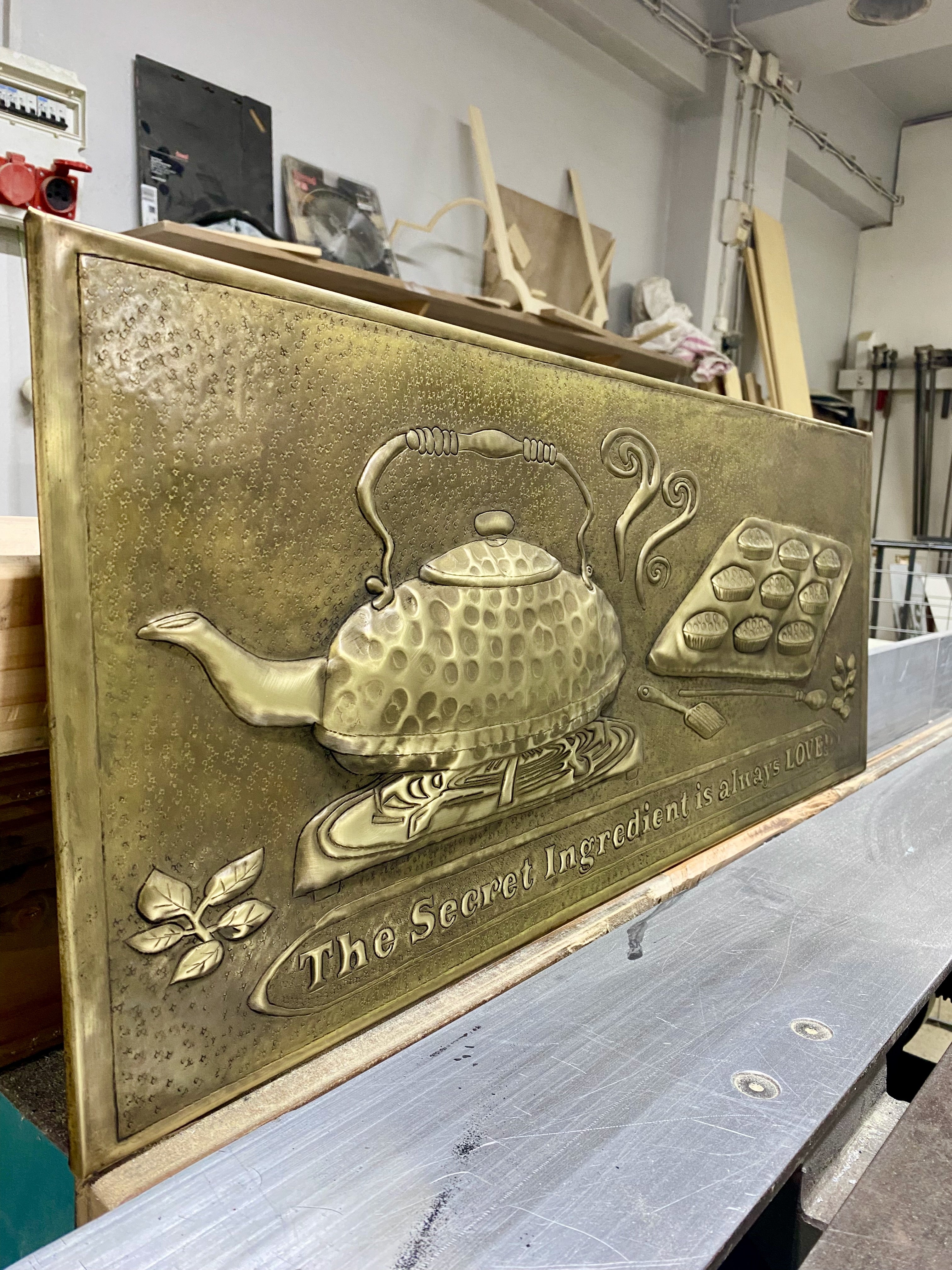 Tea Kettle & Baking Tray Brass Stove Backsplash Panel