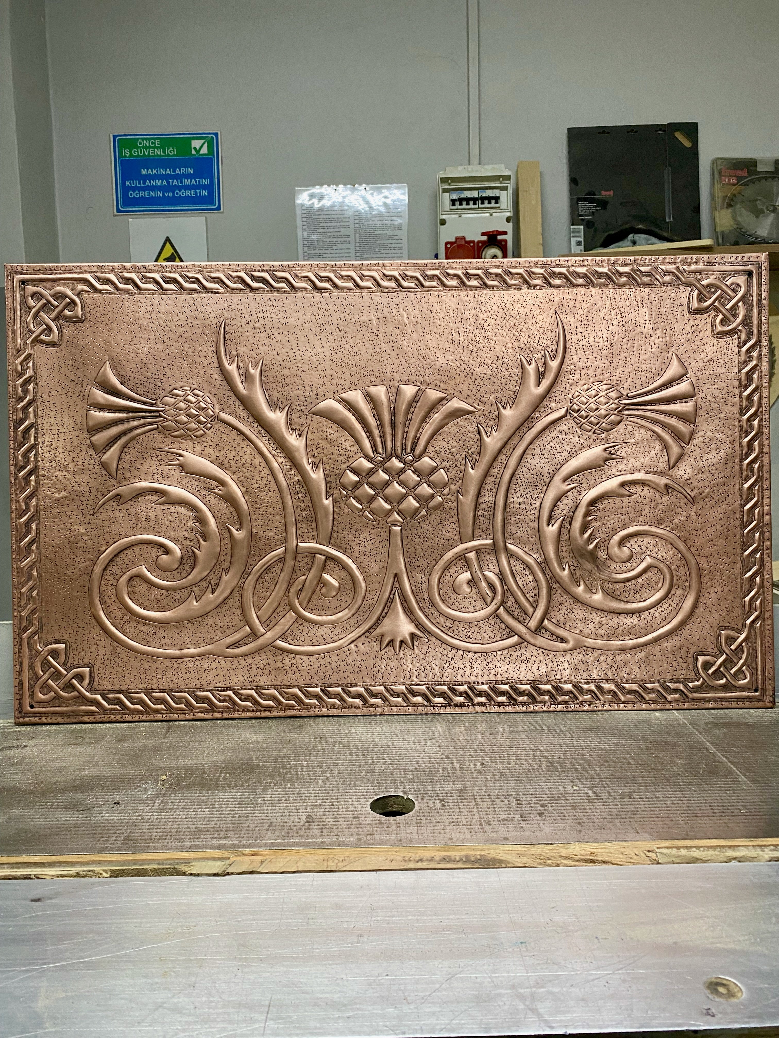 “Highland Thistle Crest” – Celtic Copper Backsplash Panel with Knot Border