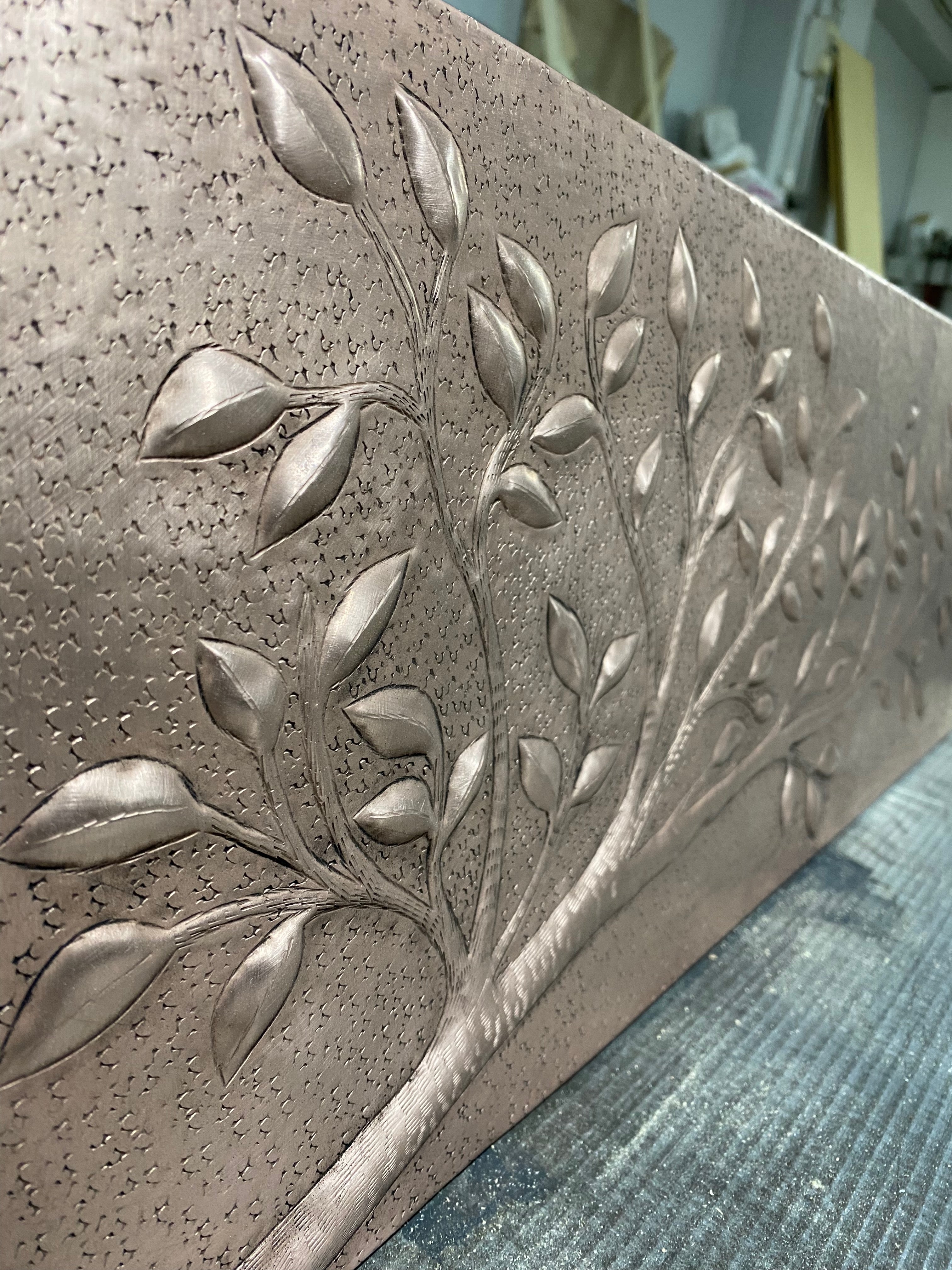 Long Copper Backsplash Accent Panel – Botanical Leaf Branch Relief