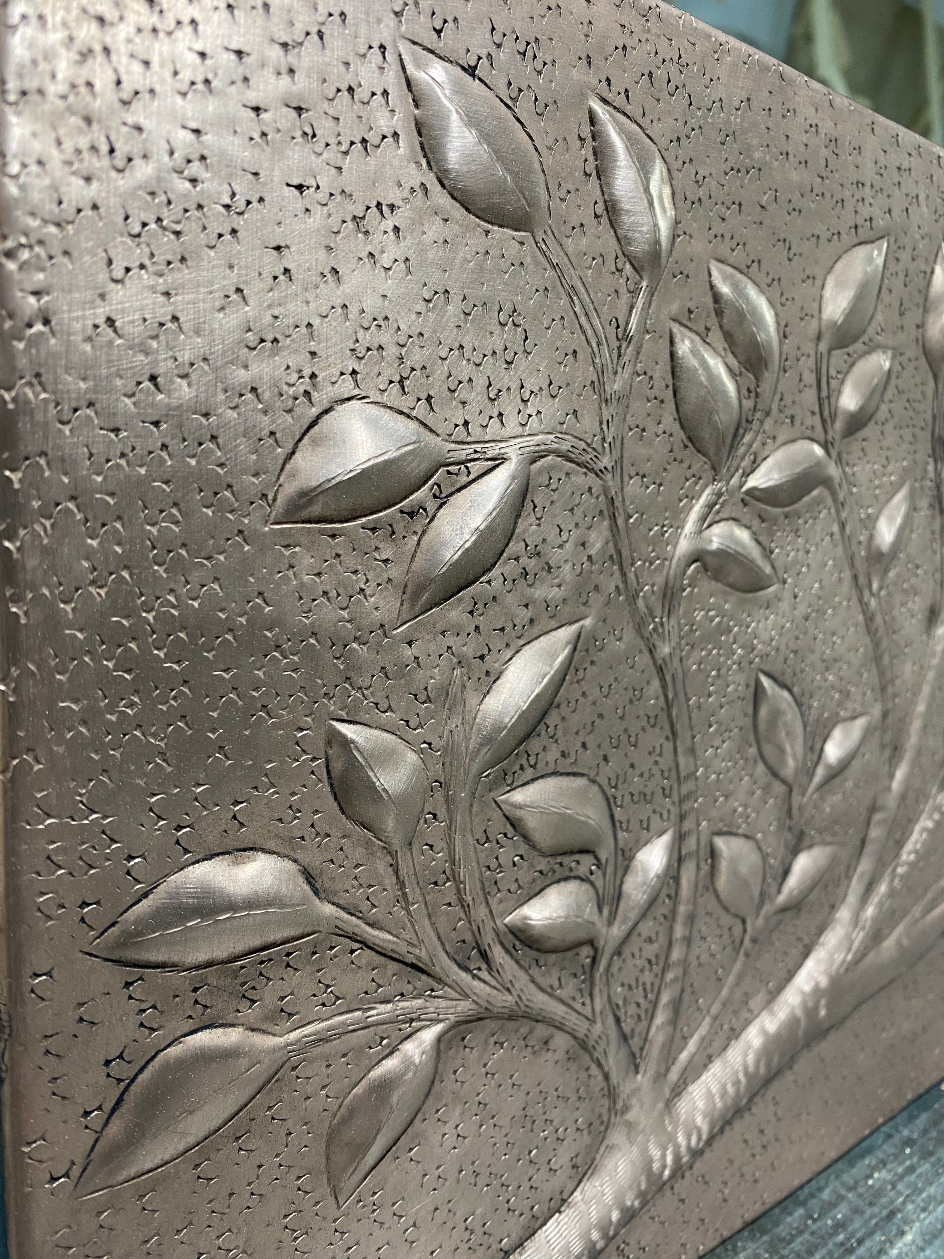Long Copper Backsplash Accent Panel – Botanical Leaf Branch Relief