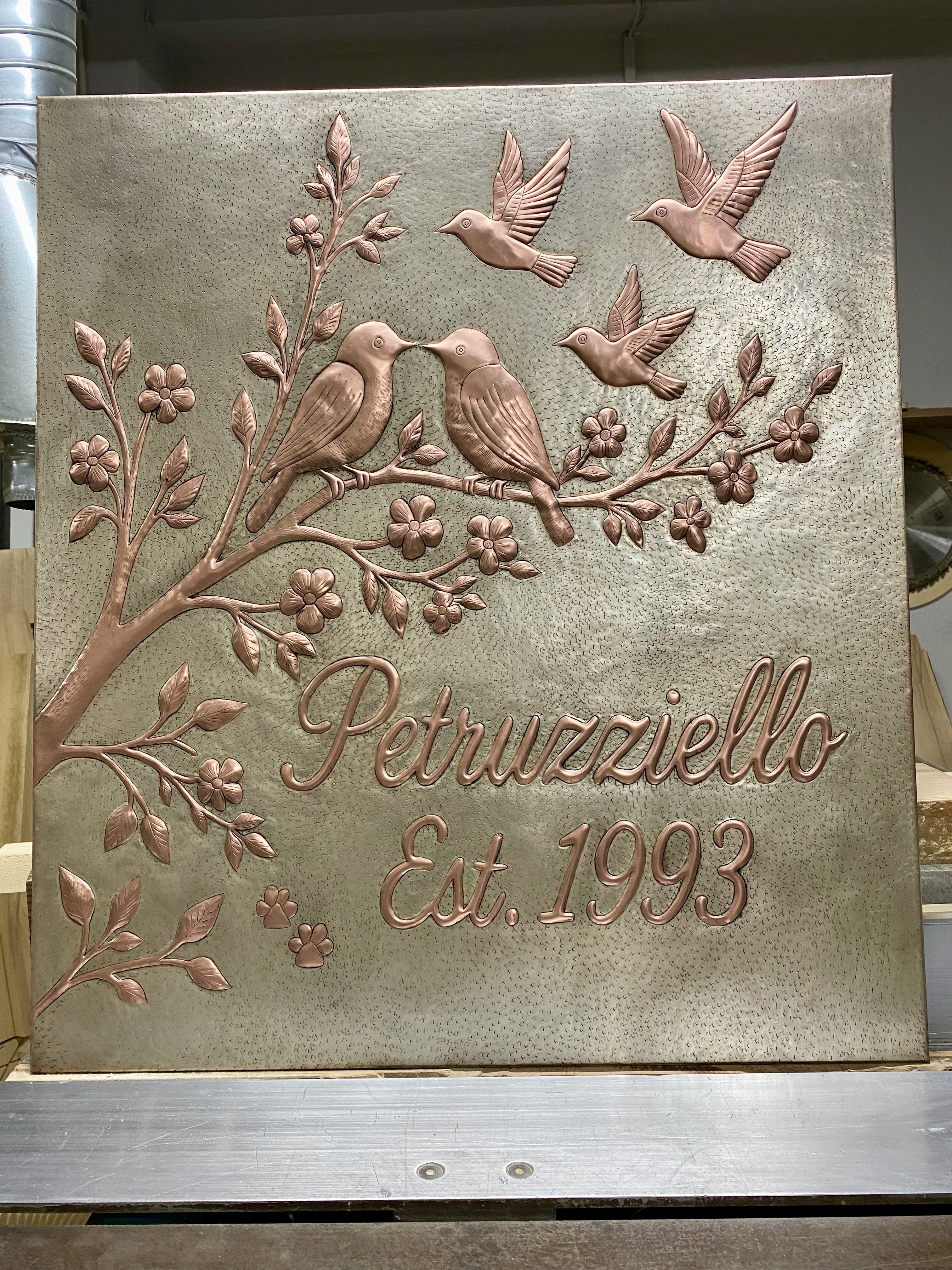 Lovebirds Family Name Copper Stove Backsplash Panel