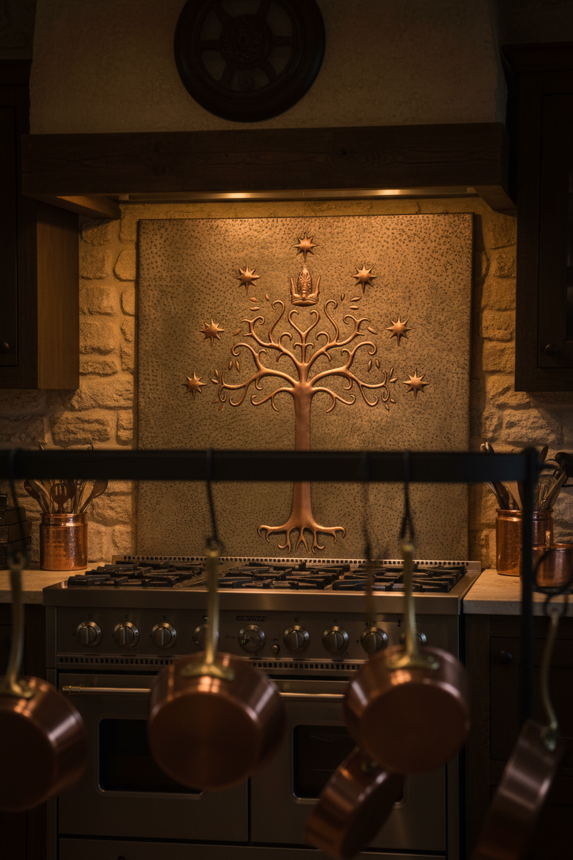 Close-up of 48 inch White Tree of Gondor copper backsplash showing raised relief detail in medieval kitchen